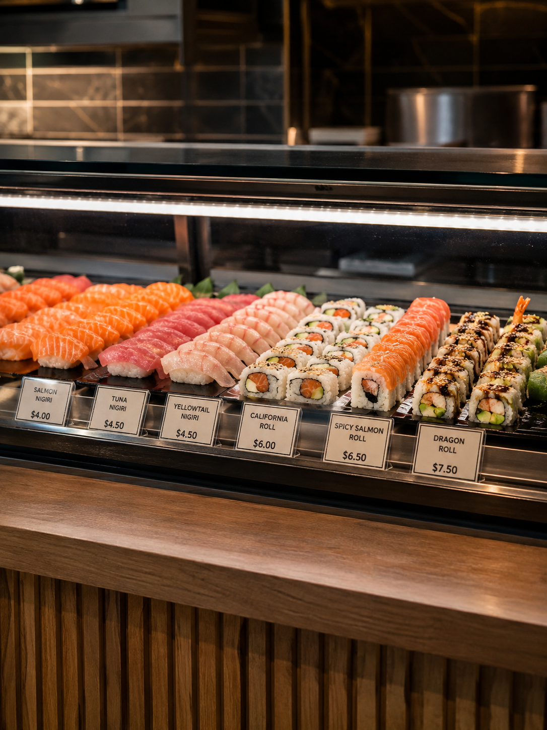 Sushi selection in the shop display case