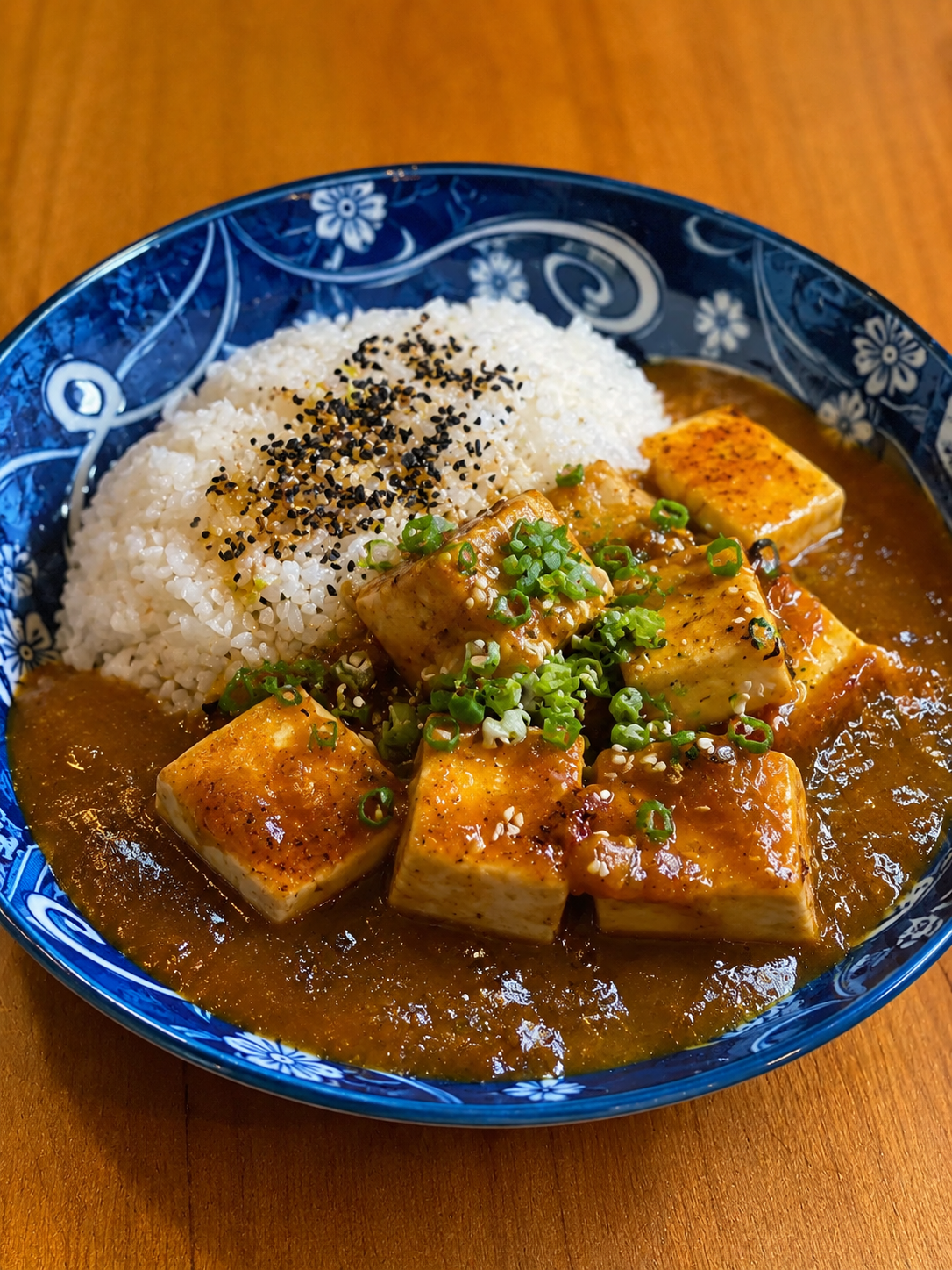 Tofu served with rice in a blue bowl