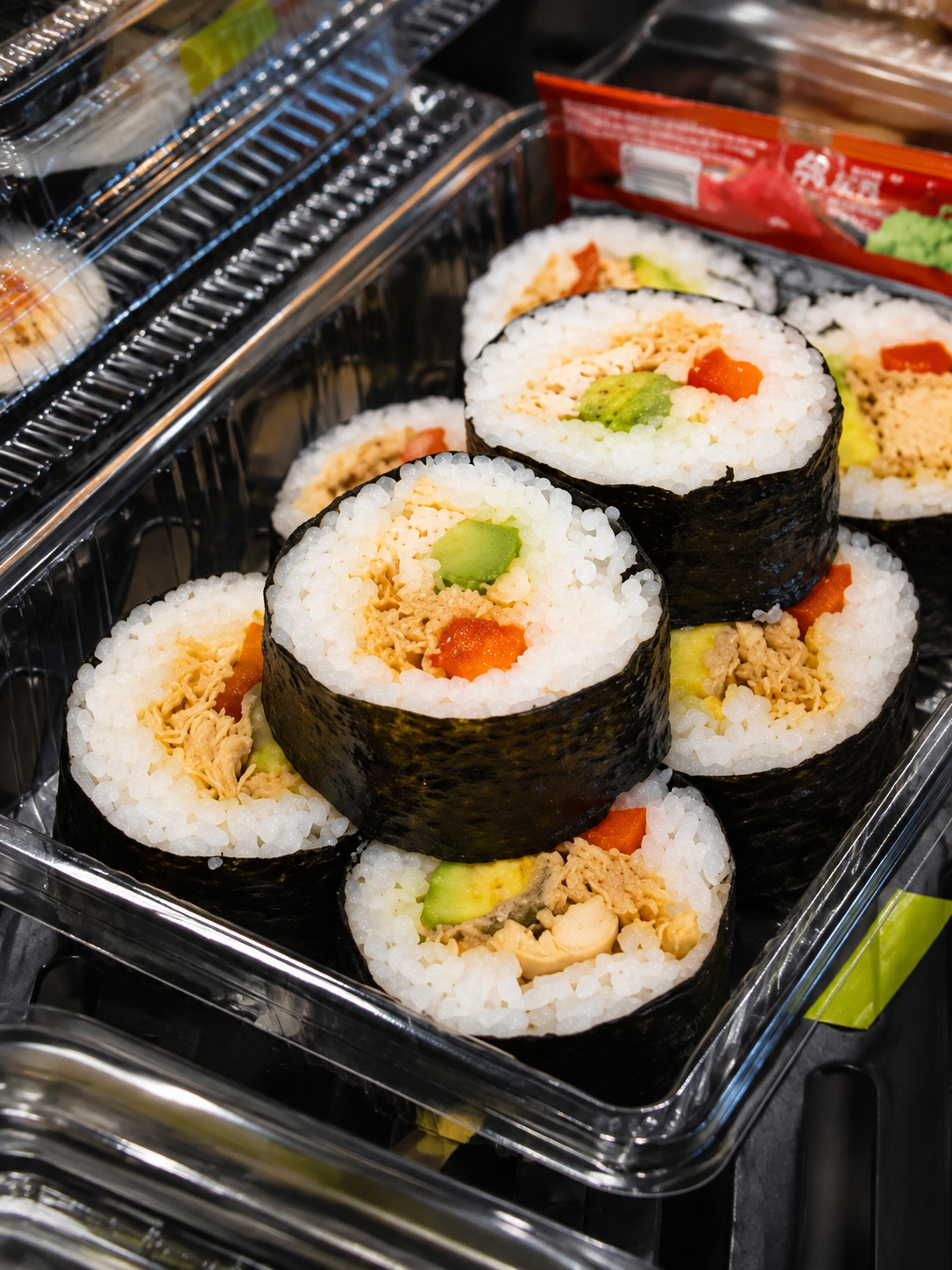 Sushi rolls in a takeaway tray