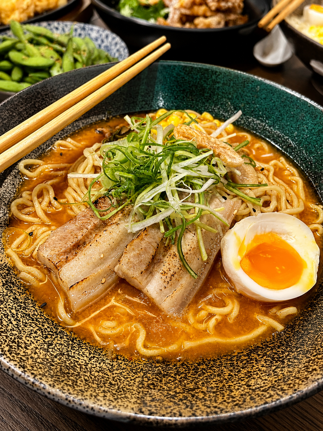 A hot noodle bowl with pork and egg