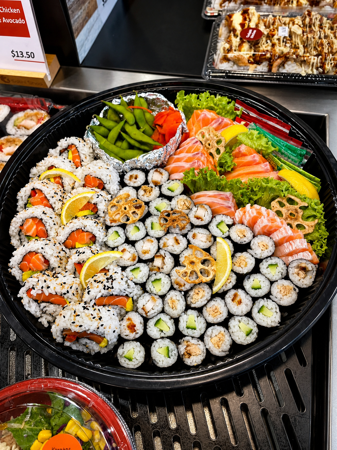 A large platter of sushi rolls and sashimi